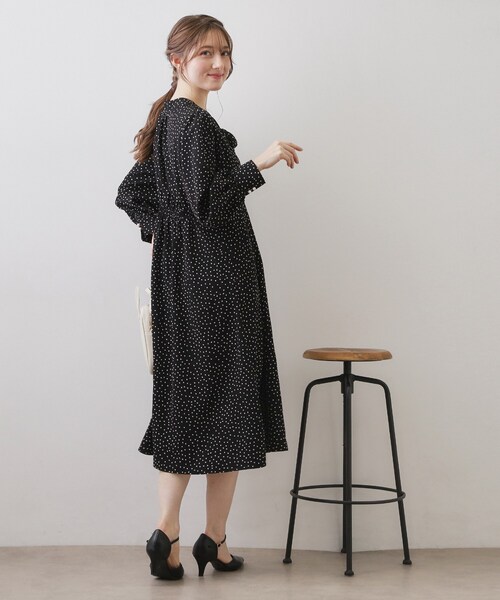 専用：美品 アナイ ピンドットプリント ボウタイリボン ロング丈ワンピース index（インデックス） ワンピース リボンボウタイドットワンピース