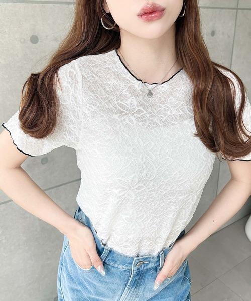 moment+ tシャツ 半袖 フラワーレース配色メローカットソー レディース