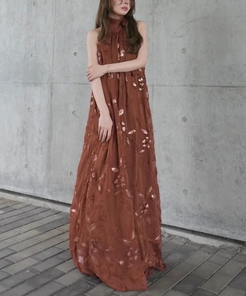振袖　フレンチワンピースドレス 　リボン付き　福寿茶色　新品未使用品 ワンピース chiffon ribbon halterneck embroidery dress /シフォン