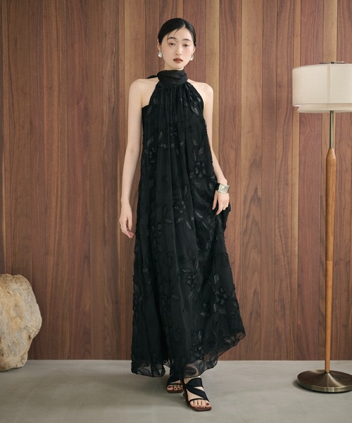 ワンピース chiffon ribbon halterneck embroidery dress /シフォン
