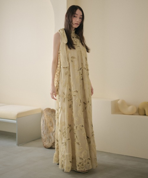 ワンピース chiffon ribbon halterneck embroidery dress /シフォン