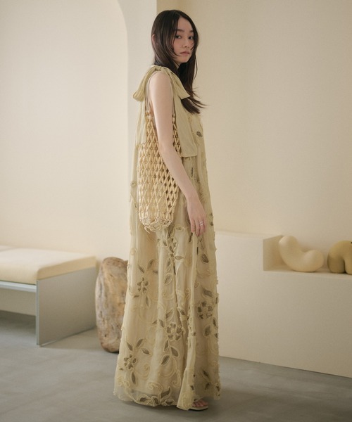 ワンピース chiffon ribbon halterneck embroidery dress /シフォン