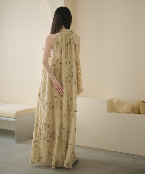 リボン付き シフォン ロングワンピース ベージュ ワンピース chiffon ribbon halterneck embroidery dress /シフォン