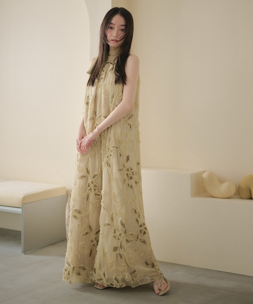 ワンピース chiffon ribbon halterneck embroidery dress /シフォン