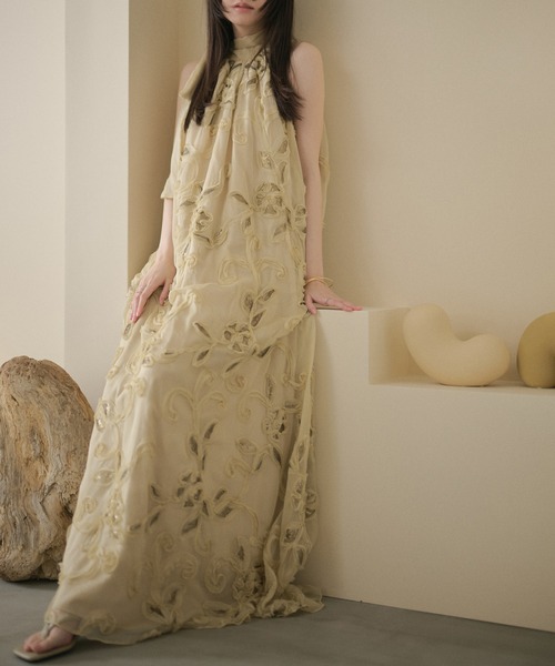 ワンピース chiffon ribbon halterneck embroidery dress /シフォン