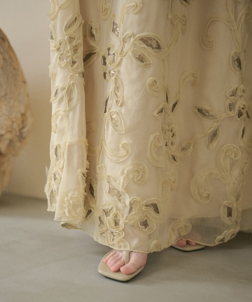 ワンピース chiffon ribbon halterneck embroidery dress /シフォン