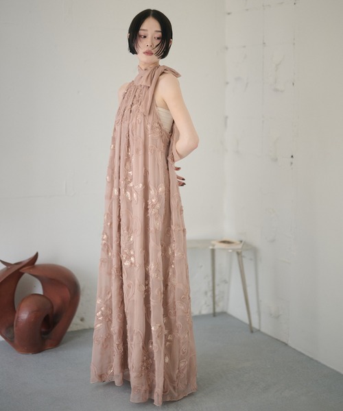 ワンピース chiffon ribbon halterneck embroidery dress /シフォン