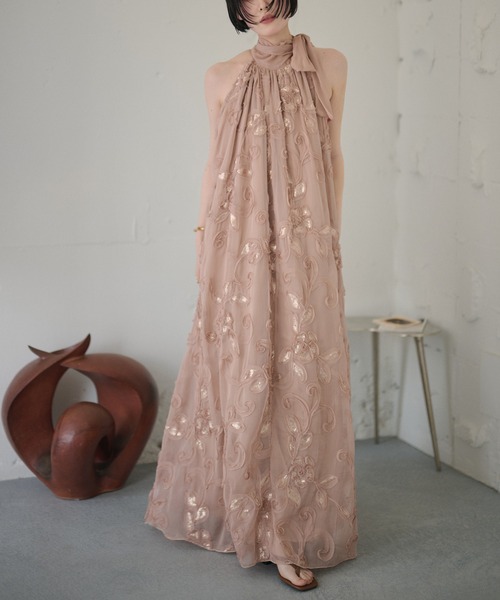 ワンピース chiffon ribbon halterneck embroidery dress /シフォン