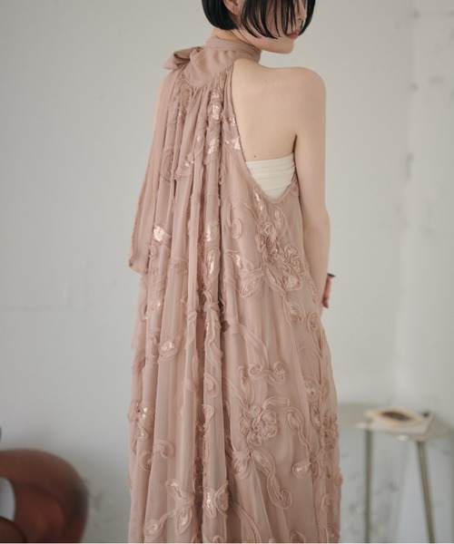 ワンピース chiffon ribbon halterneck embroidery dress /シフォン
