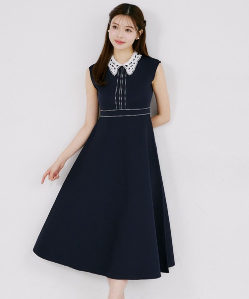 ２ＷＡＹレース襟付き配色ライン入りニットワンピース　ネイビー tocco closet（トッコ クローゼット） ワンピース 2WAYレース襟