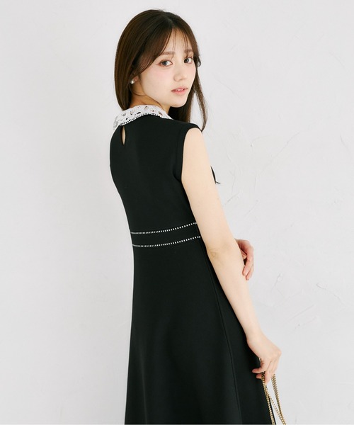 ２ＷＡＹレース襟付き配色ライン入りニットワンピース　ネイビー tocco closet（トッコ クローゼット） ワンピース 2WAYレース襟