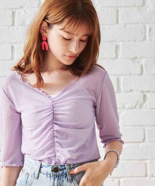 プリントシャーリングトップス シアーサイドシャーリングトップス(ホワイト) | myinemy's STORE