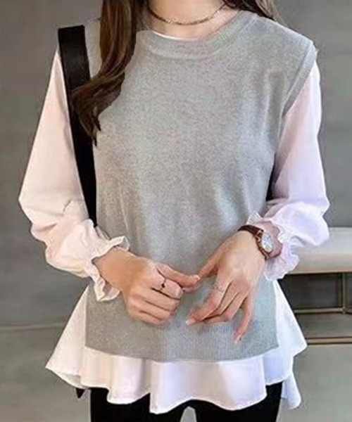 レディース シャツブラウス チュニック ベスト 2点セット c3460 NinaetLina ブラウス シャツ チュニック丈ブラウスとニット