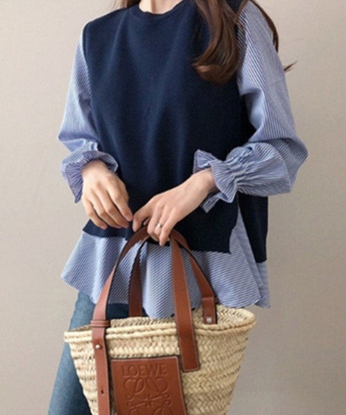 レディース シャツブラウス チュニック ベスト 2点セット c3460 NinaetLina ブラウス シャツ チュニック丈ブラウスとニット