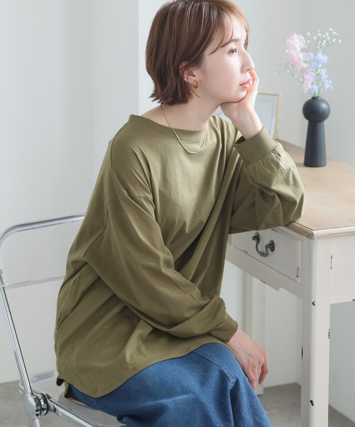 tシャツ 後ろボタンロングスリーブカットソー レディース