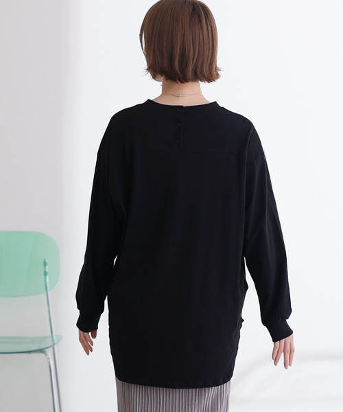 STONE  ロングスリーブカットソー ブラック ElegChic tシャツ 後ろボタン ロング スリーブカットソー レディース