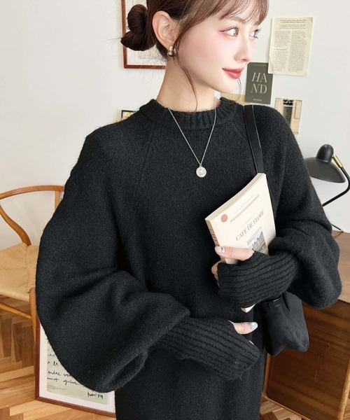 moment+ ワンピース 指ぬきボリュームスリーブミックスニットロング