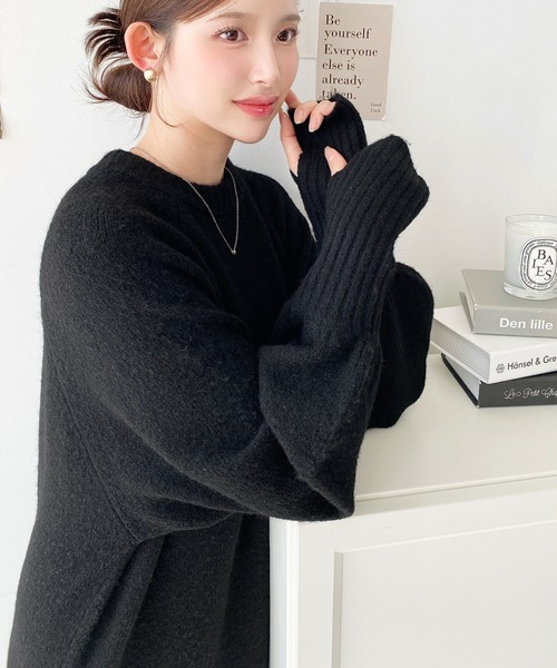 moment+ ワンピース 指ぬきボリュームスリーブミックスニットロング