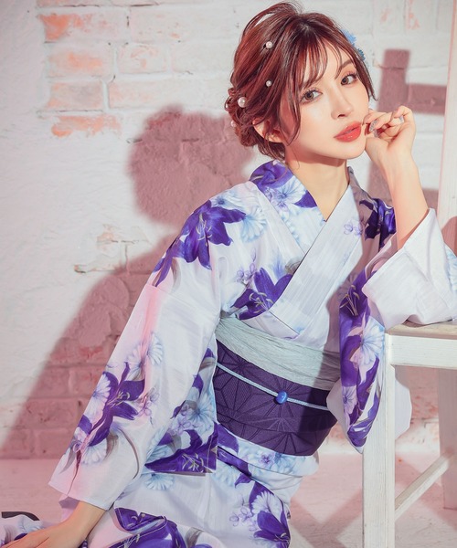 浴衣 浴衣セット レディース 白地 ホワイト 水墨 百合 ゆかた2点セット 浴衣 平帯 かわいい レディース