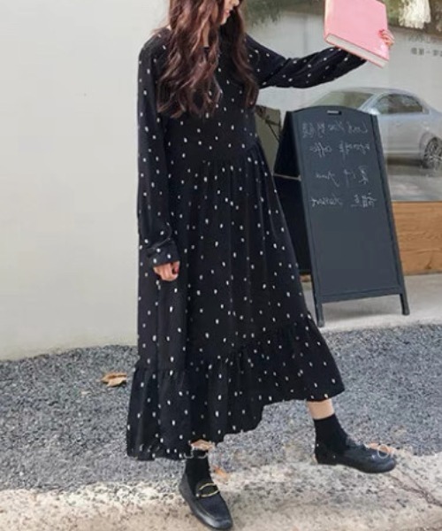スーパービューティー　ドット柄フリル付きロングワンピース gossip!ロサンゼルス ワンピース 「サイズあり」ドット柄 フリル