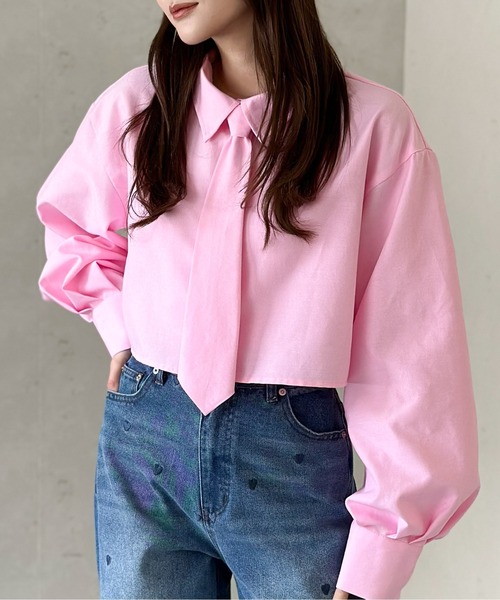 M ネクタイ付き シャツ くすみ ピンク ブラウス 長袖 きれいめ 上品 S ネクタイ付き シャツ くすみ ピンク 長袖 ブラウス きれいめ