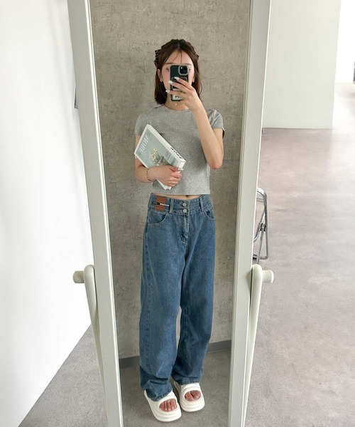 デニムパンツ ハイウエスト 2つボタン ウォッシュブルー 韓国風 miniministore ハイウエスト デニムワイドパンツ 韓国風