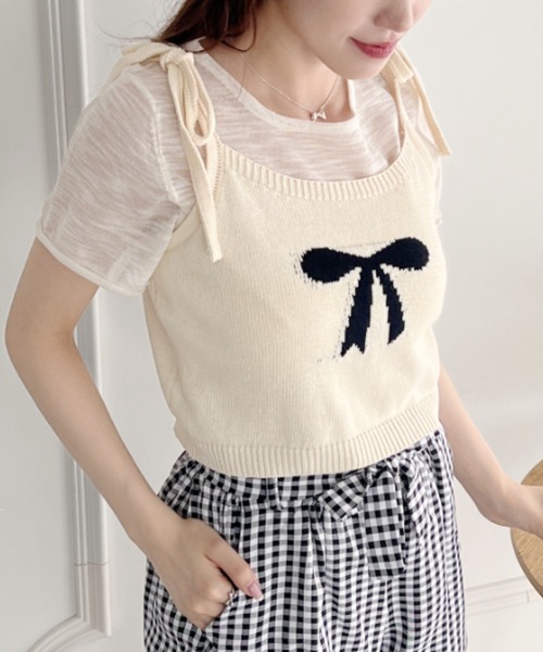 前リボンキャミ+襟元デザインカットソー2点 Loueme tシャツ リボンキャミ＋シアートップス2点SET レディース