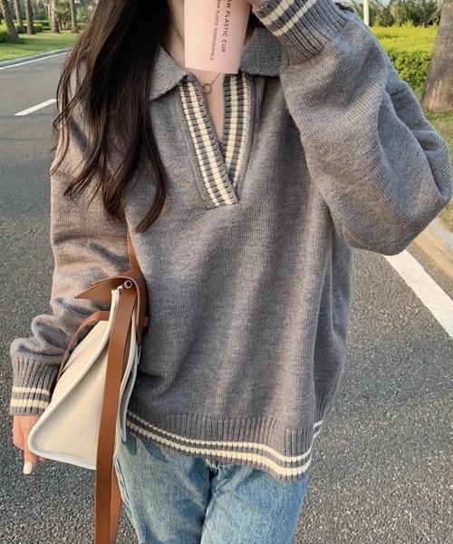 ニット セーター 配色ラインキーネックポロニットプルオーバー レディース ECLIN ニット セーター 配色ラインキーネックポロニットプル