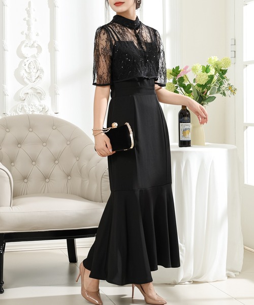 2色 レース キャミ ワンピース ドレス マーメイド スリット入り Lace Ladies ドレス 「2点セット」 レース ボレロ付き Vスリット