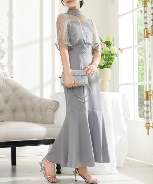 Lace Ladies ドレス 「2点セット」 レース ボレロ付き Vスリット