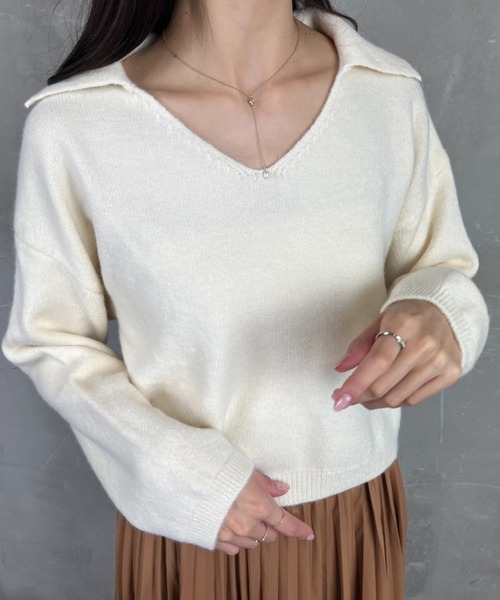 ニット セーター スキッパーVネックポロ ロングスリーブニット