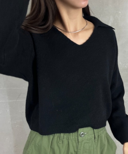 ニット セーター スキッパーVネックポロ ロングスリーブニット
