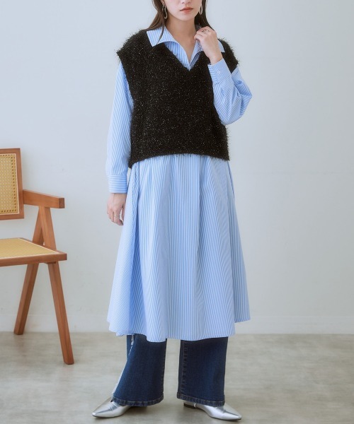 SMILELAND ベスト ジレ 「大きいサイズ」 コンパクト丈ラメシャギー