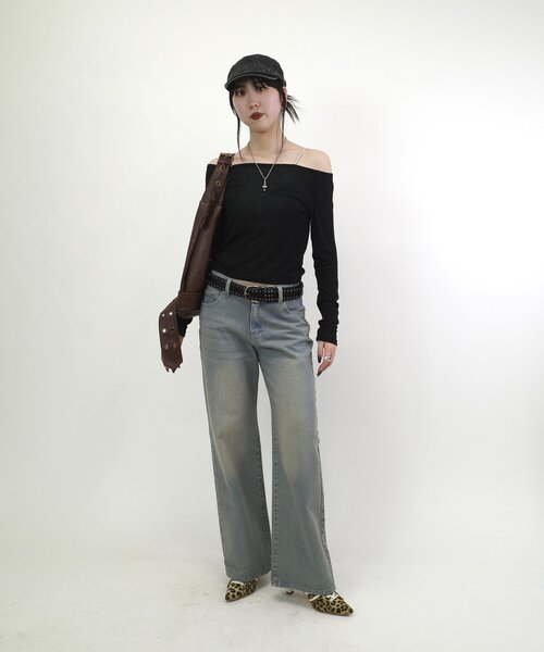 tシャツ シアードッキングオフショルトップス レディース シアードッキングオフショルニットトップス【セットアップ着用
