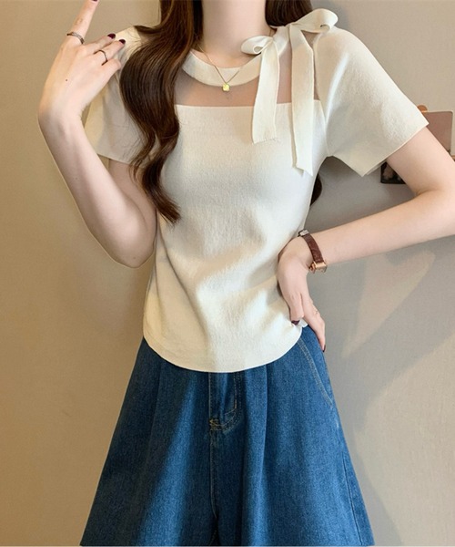 tシャツ 肩リボンシアープルオーバー レディース