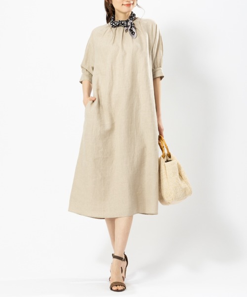 美品 フォグリネンワーク リネンワンピース ベージュ ブラウンワンピース 麻 美品 フォグリネンワーク リネンワンピース ベージュ ブラウン