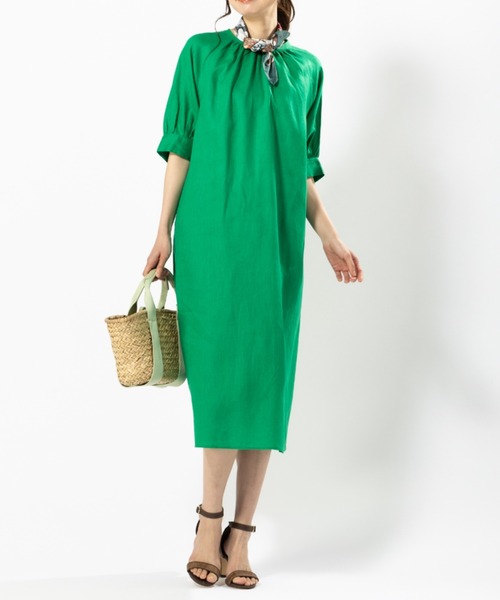ワンピース フレンチリネンギャザーアクセントワンピース meguri-megutte