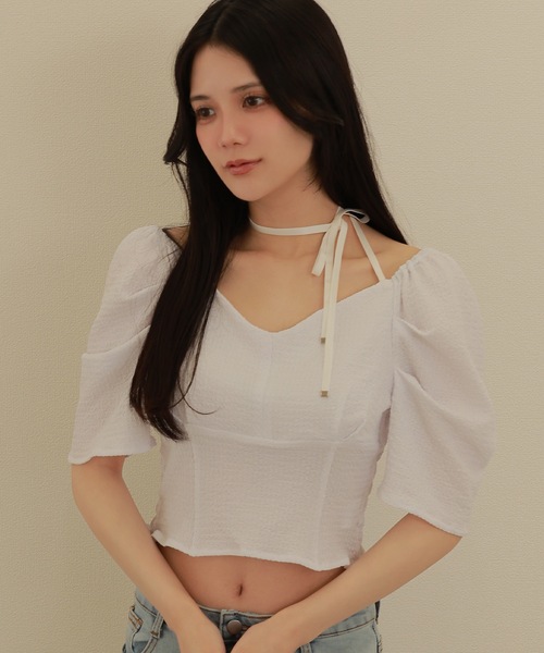 *M DOLLY original* ribbon puff short tops/リボンパフショートトップス レディース