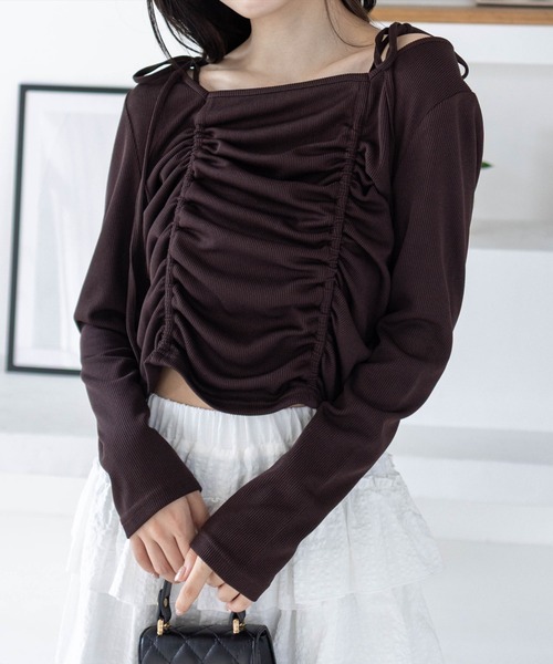 clear tシャツ ドロストリボン長袖カットソートップス「韓国