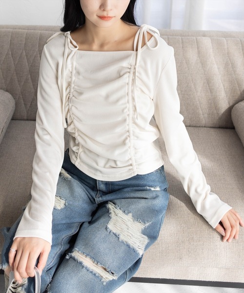 clear tシャツ ドロストリボン長袖カットソートップス「韓国