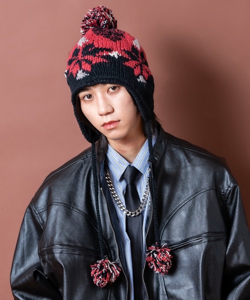 ニット帽 ニットキャップ an meets zakka ノルディック柄コード付き