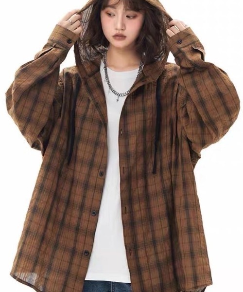 lulufa シャツ オーバーサイズ フード付きチェックシャツ 長袖／ルーズ