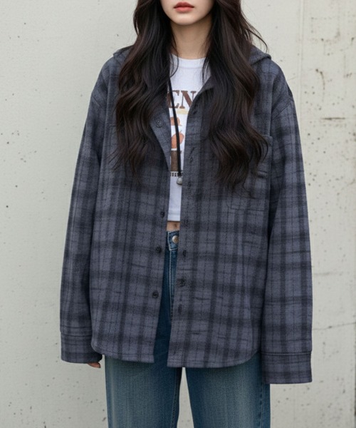 lulufa シャツ オーバーサイズ フード付きチェックシャツ 長袖／ルーズ