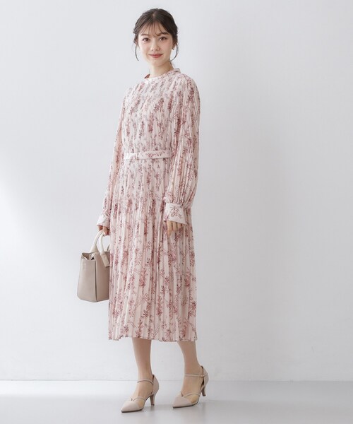 【極美品】インゲボルグ フレアシャツワンピース ピンタック ローズブーケ ベルト index（インデックス） ワンピース ベルト付きプリーツフレア