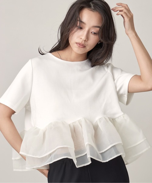 完売✨CFCLPOTTERYオフショルダーショートスリーブトップペプラムボーダー OFROOM tシャツ 半袖 Sheer Peplum Short Sleeve Top｜シアーペプラム