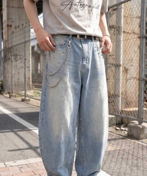 ジーンズ A'GEM/9 × .kom 「A'gem/エージェム」スタッズデザインカーブデニムパンツ メンズ レディースの画像
