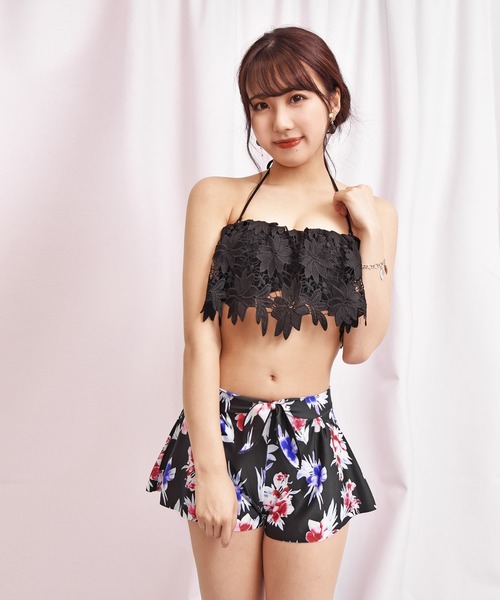 LEAD 水着 ケミカルレース×花柄 ビキニ水着3点セット