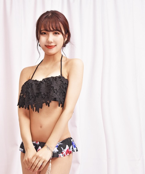 【新品】花柄レースビキニ水着 Lace Ladies 水着 レースフリル×花柄ビキニ 水着2点セット