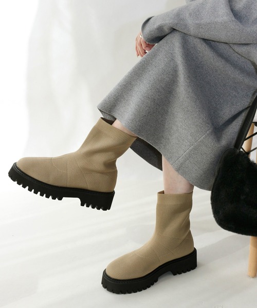 Fin（フィン） ブーツ 厚底ニットブーツ「低反発スポンジ入り