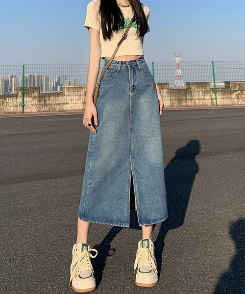 デニムスカート フロントスリット デニム タイト ロングスカート